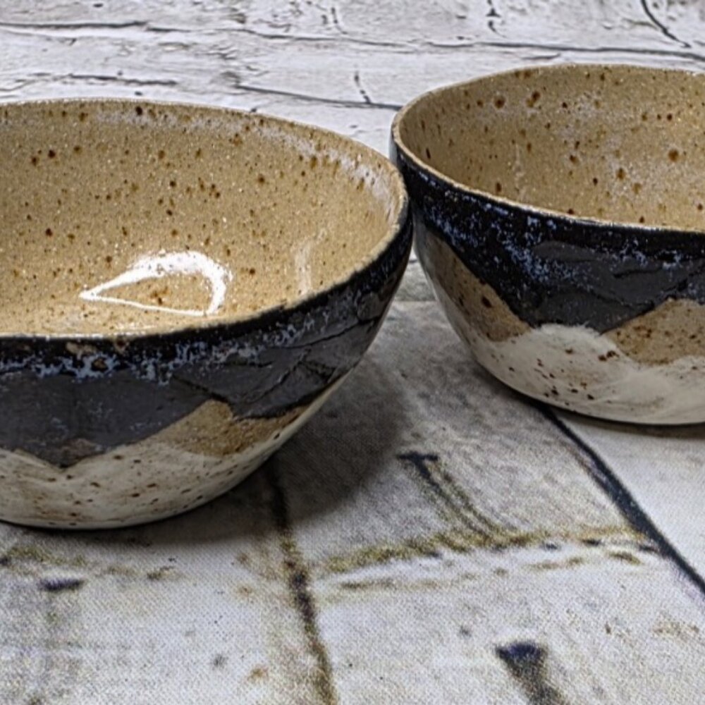 Two MCM SUN Brown Bowls w Abstract Glazing  Black & Brown Hand Made Appx 3 Inch